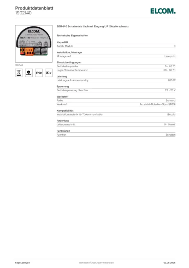 Bild Elcom Produktdatenblatt 1902140 | Hager Deutschland