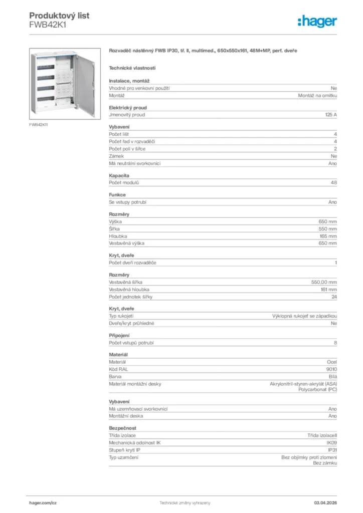 Obrázek Hager Product data sheet FWB42K1 | Hager