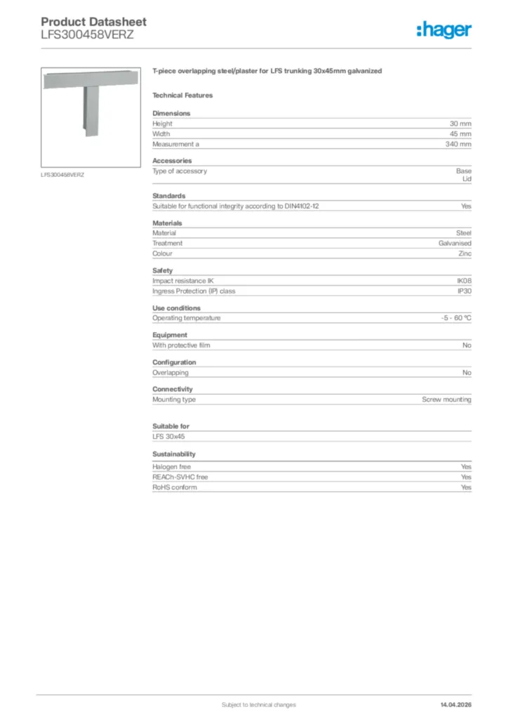 Image Hager Product data sheet LFS300458VERZ  | Hager Africa