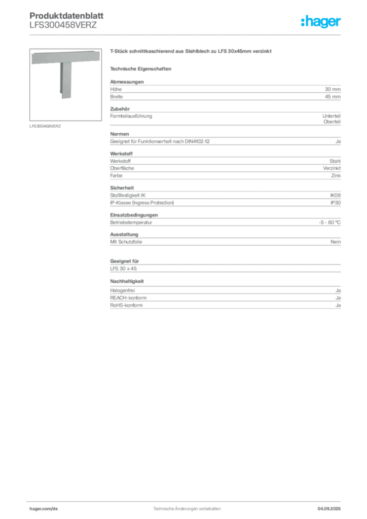 Bild Hager Produktdatenblatt LFS300458VERZ | Hager Deutschland