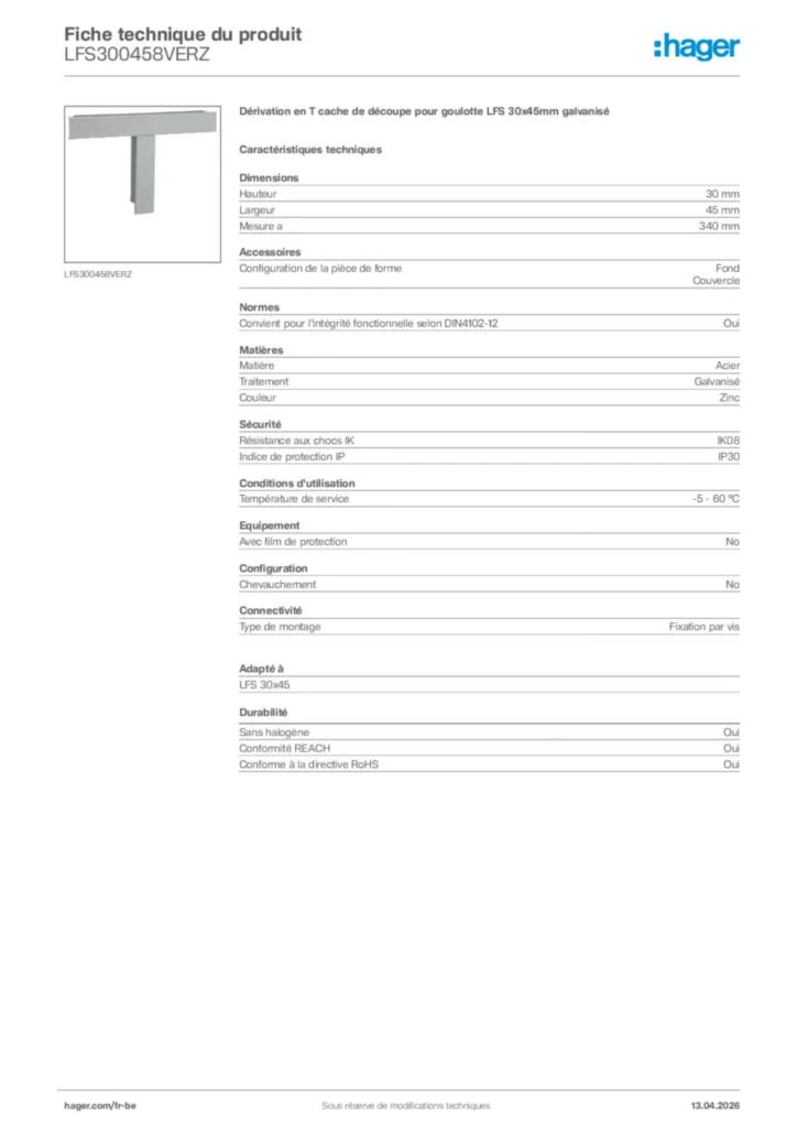 Image Hager Fiche technique du produit LFS300458VERZ | Hager Belgique