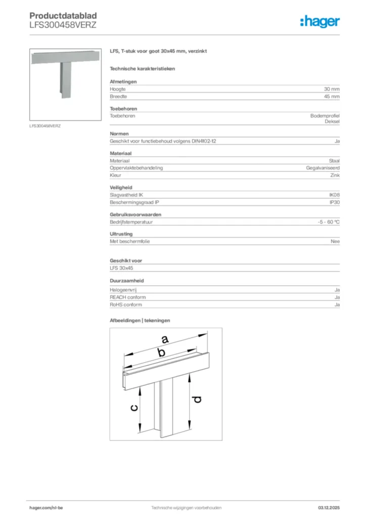 Afbeelding Hager Productdatablad LFS300458VERZ | Hager Belgium