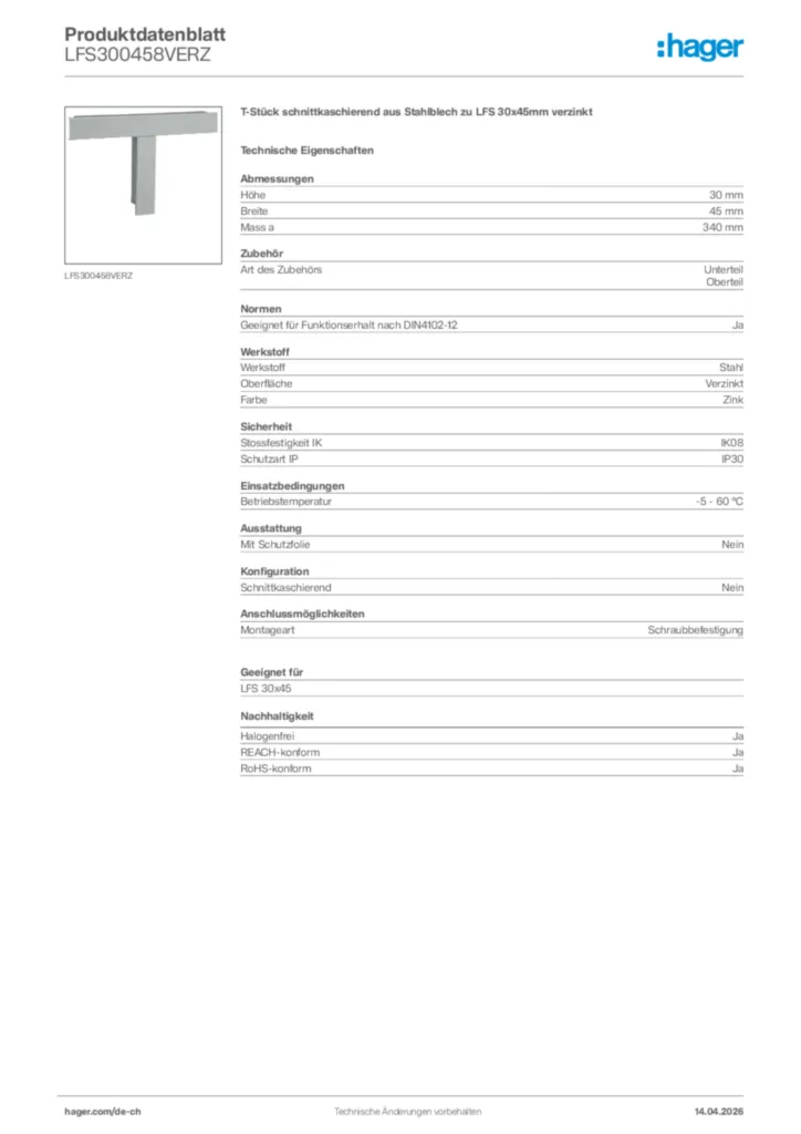 Bild Hager Produktdatenblatt LFS300458VERZ | Hager Schweiz