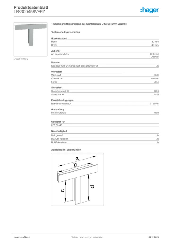Bild Hager Produktdatenblatt LFS300458VERZ | Hager Schweiz