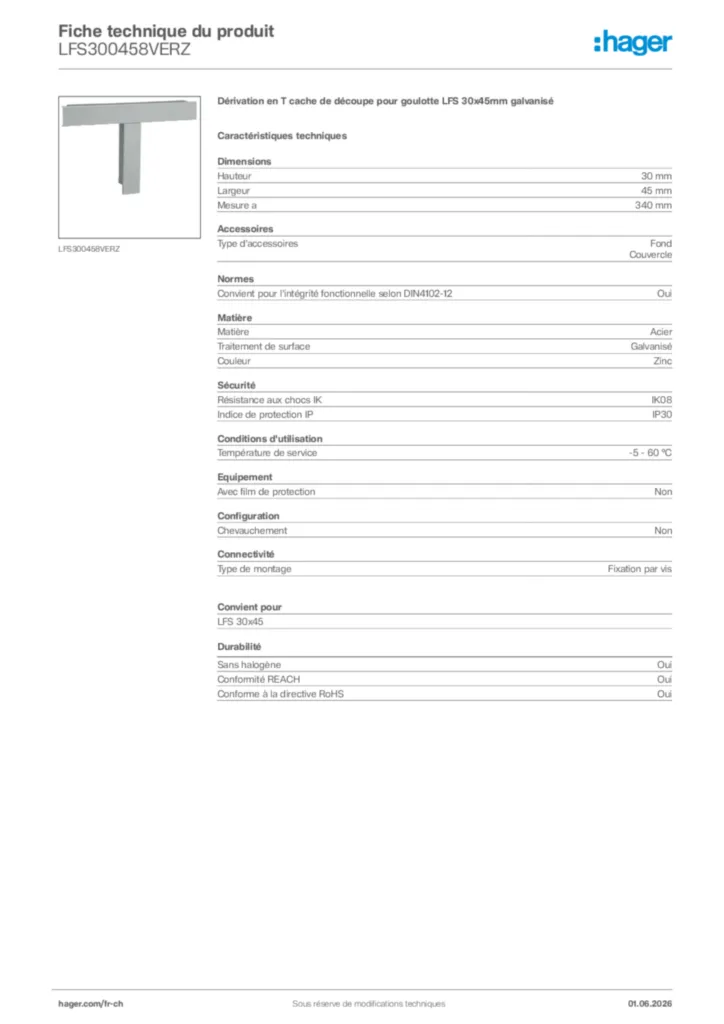 Image Hager Fiche technique du produit LFS300458VERZ | Hager Suisse