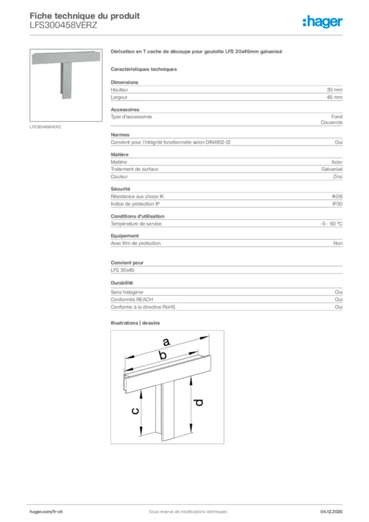 Image Hager Fiche technique du produit LFS300458VERZ | Hager Suisse