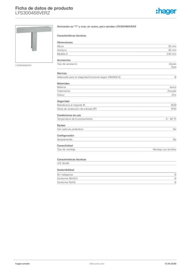 Imagen Hager Ficha de datos de producto LFS300458VERZ | Hager España
