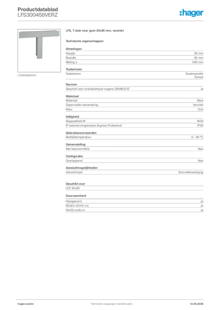 Afbeelding Hager Productdatablad LFS300458VERZ | Hager Nederland