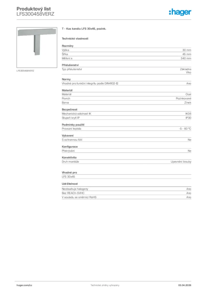 Obrázek Hager Product data sheet LFS300458VERZ | Hager