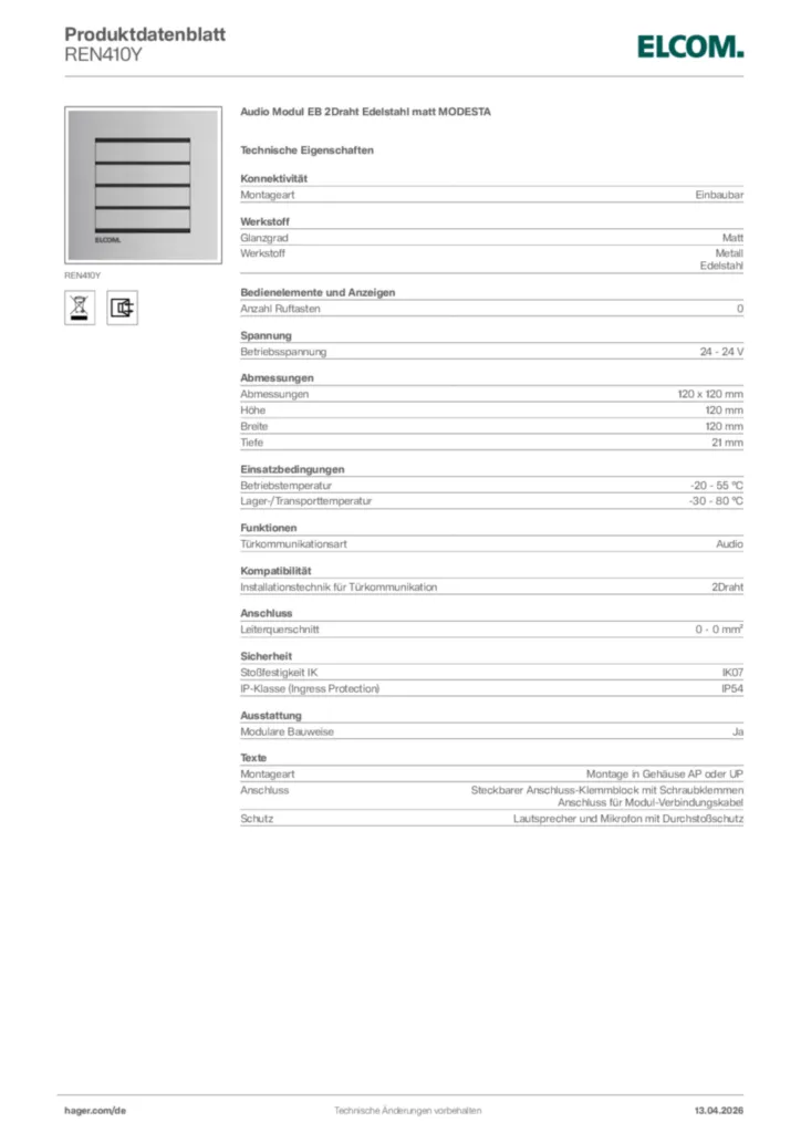 Bild Elcom Produktdatenblatt REN410Y | Hager Deutschland