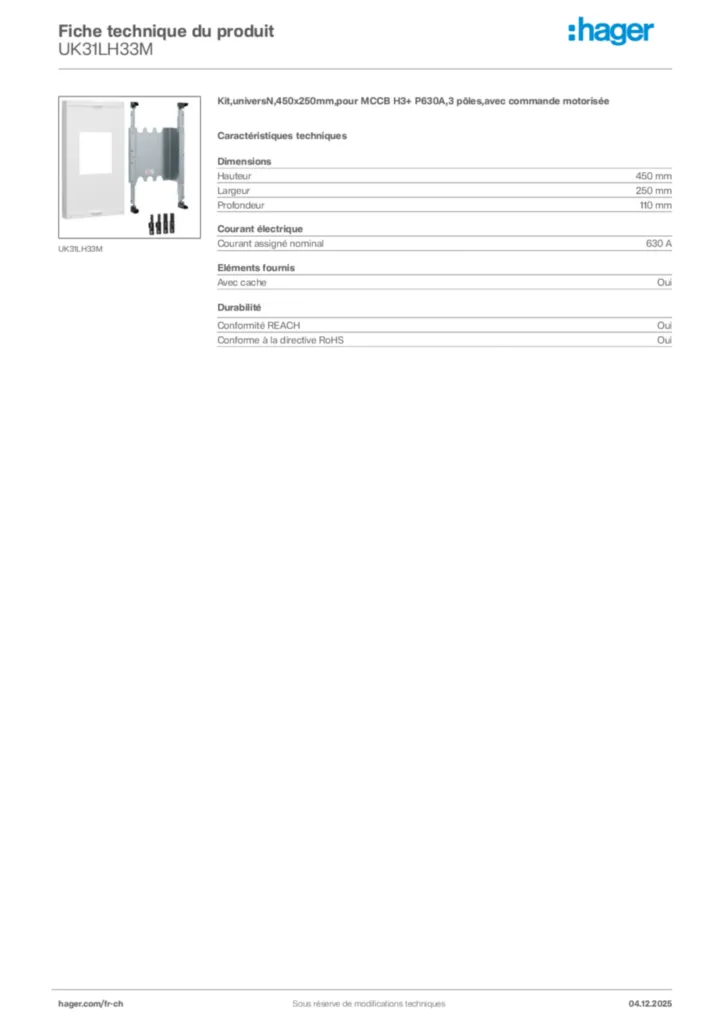 Image Hager Fiche technique du produit UK31LH33M | Hager Suisse