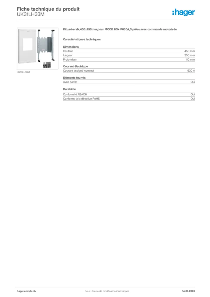 Image Hager Fiche technique du produit UK31LH33M | Hager Suisse