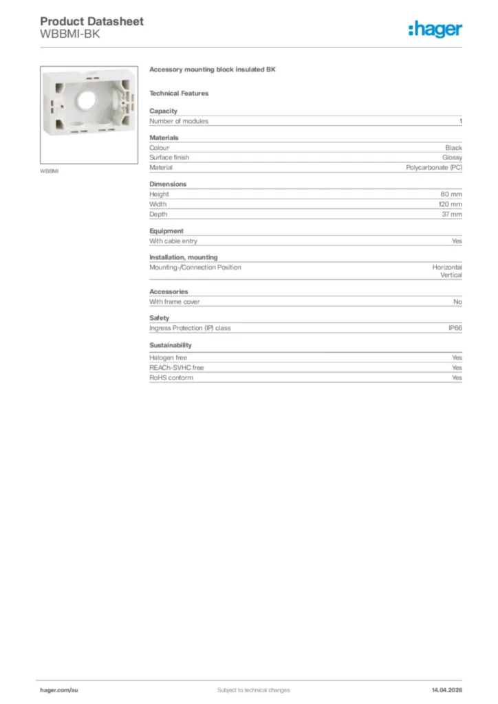 Image Hager Product data sheet WBBMI-BK  | Hager Australia