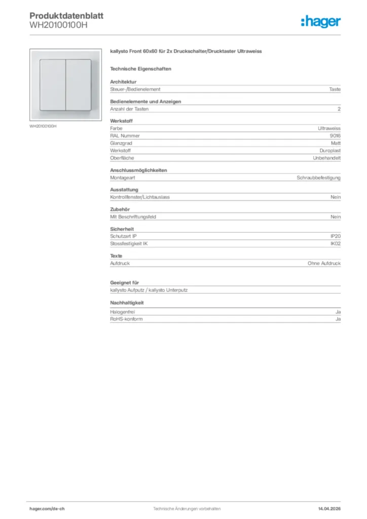 Bild Hager Produktdatenblatt WH20100100H | Hager Schweiz