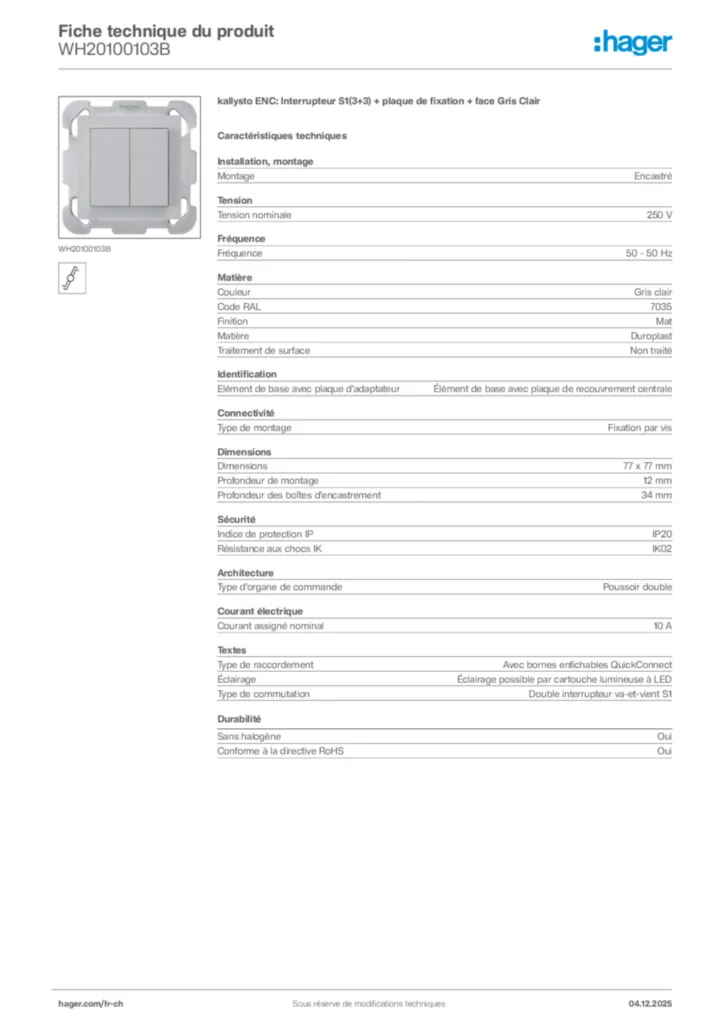Image Hager Fiche technique du produit WH20100103B | Hager Suisse