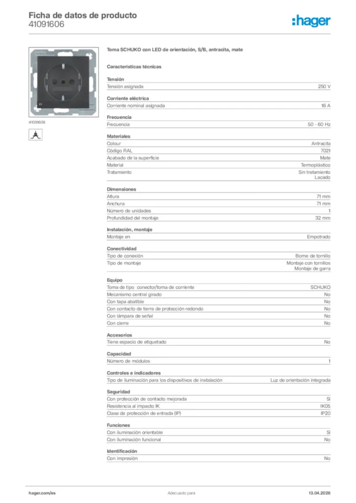 Imagen Hager Ficha de datos de producto 41091606 | Hager España
