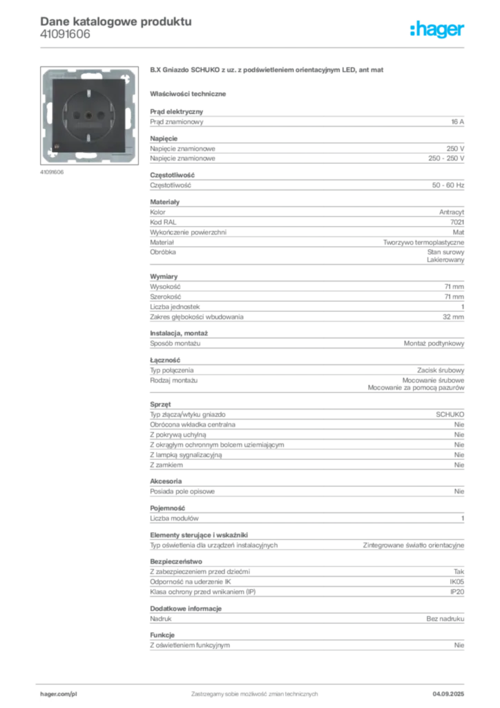 Zdjęcie Hager Dane katalogowe produktu 41091606 | Hager Polska