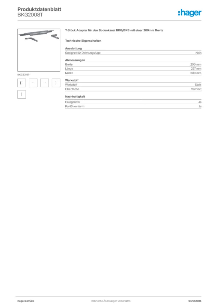 Bild Hager Produktdatenblatt BKG2008T | Hager Deutschland