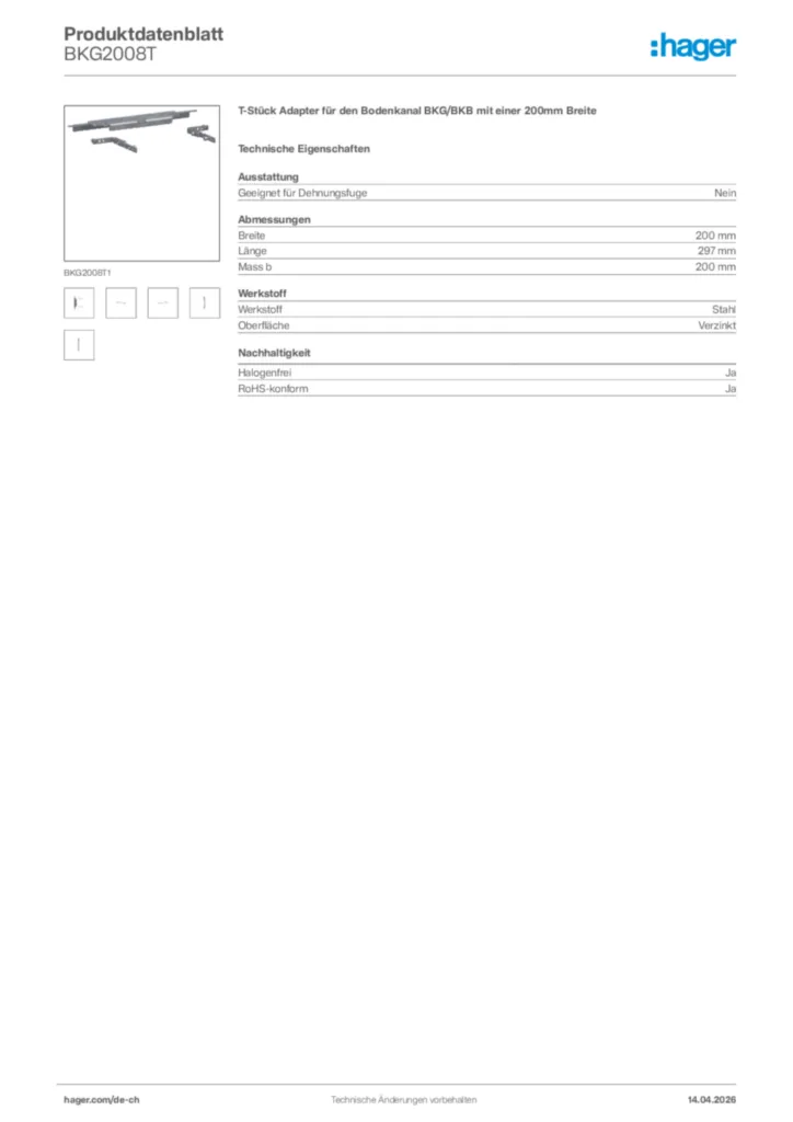 Bild Hager Produktdatenblatt BKG2008T | Hager Schweiz