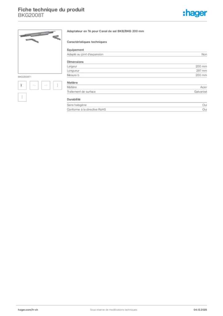 Image Hager Fiche technique du produit BKG2008T | Hager Suisse