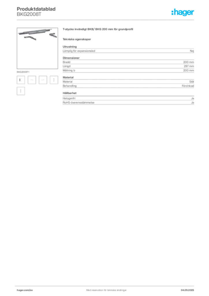 Bild Hager Produktdatablad BKG2008T | Hager Sverige