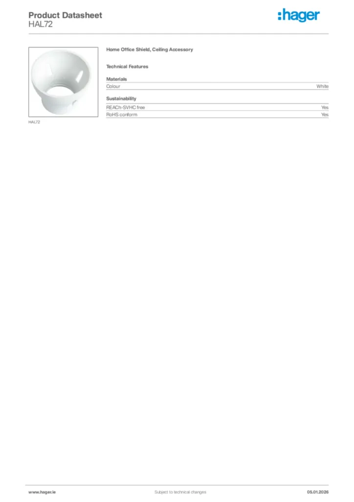 Image Hager Product data sheet HAL72  | Hager