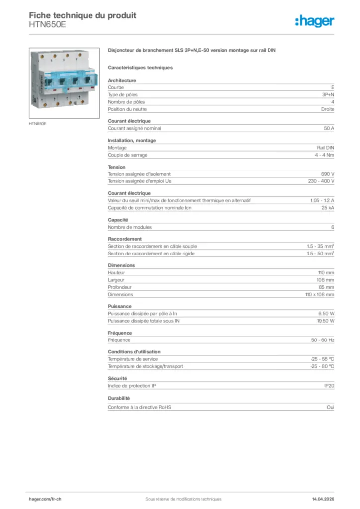 Image Hager Fiche technique du produit HTN650E | Hager Suisse