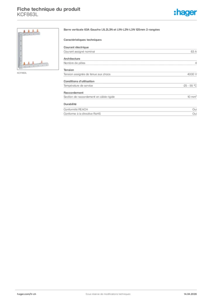 Image Hager Fiche technique du produit KCF863L | Hager Suisse