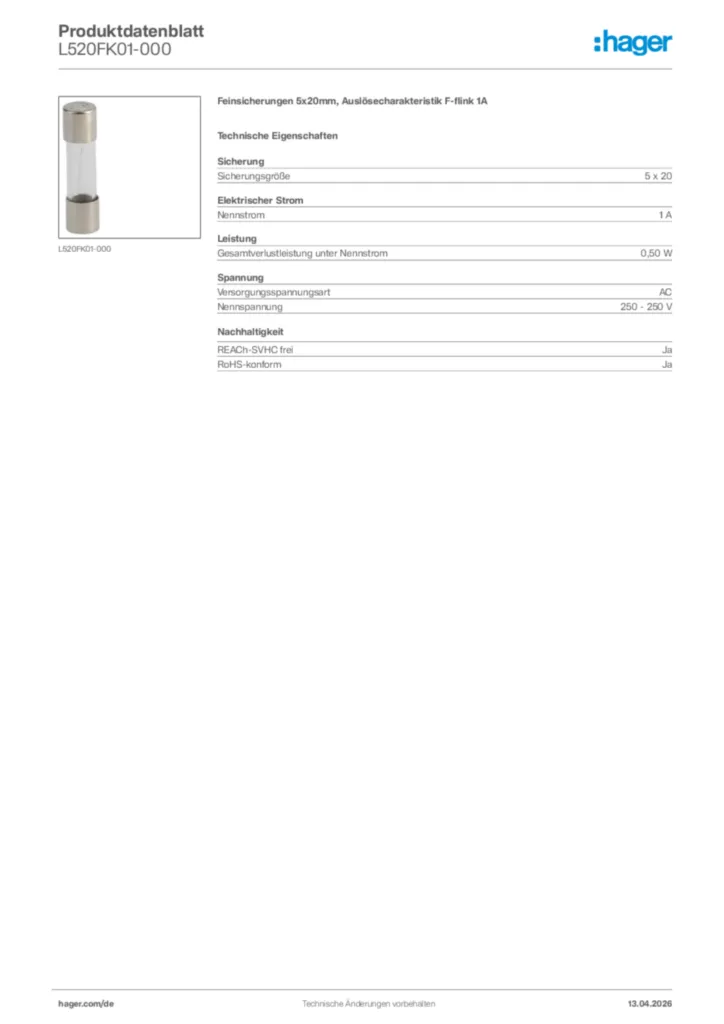 Bild Hager Produktdatenblatt L520FK01-000 | Hager Deutschland