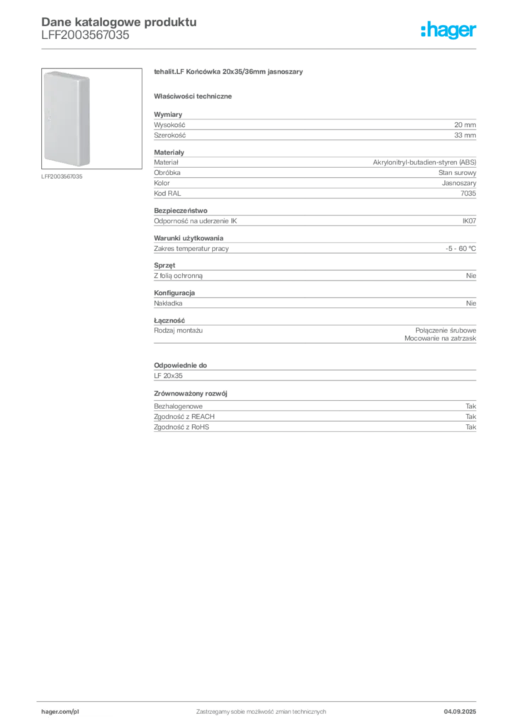Zdjęcie Hager Dane katalogowe produktu LFF2003567035 | Hager Polska