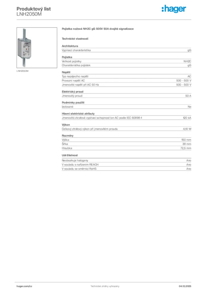 Obrázek Hager Product data sheet LNH2050M | Hager