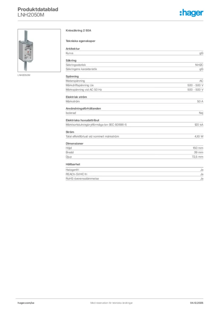 Bild Hager Produktdatablad LNH2050M | Hager Sverige