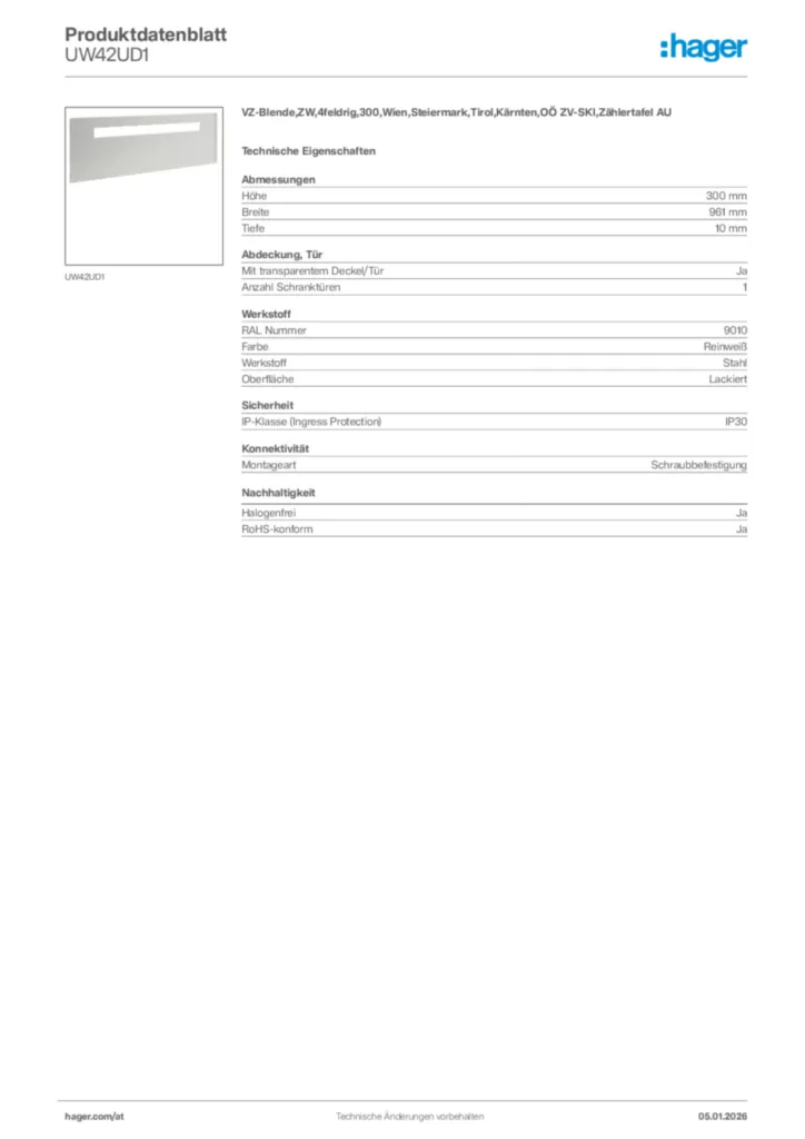 Bild Hager Produktdatenblatt UW42UD1 | Hager Deutschland