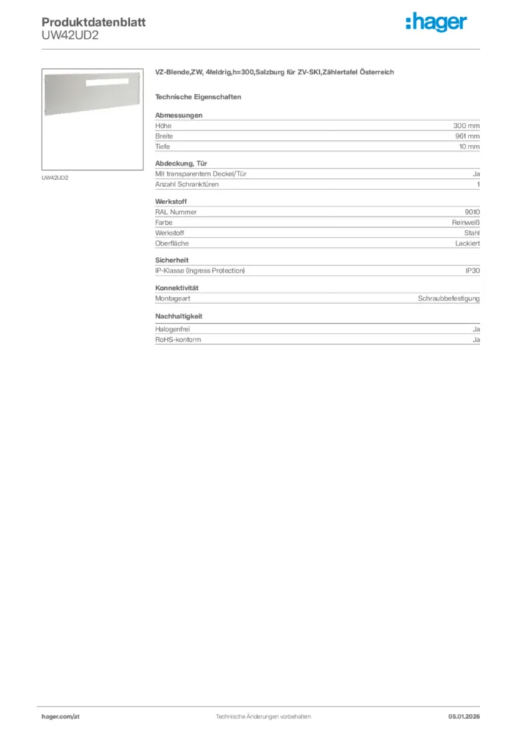 Bild Hager Produktdatenblatt UW42UD2 | Hager Deutschland