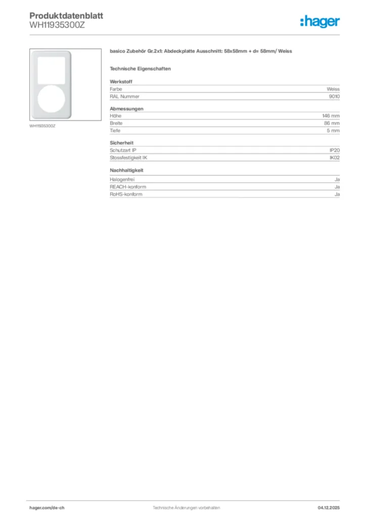 Bild Hager Produktdatenblatt WH11935300Z | Hager Schweiz