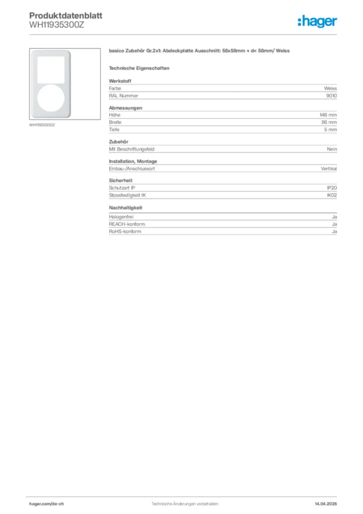 Bild Hager Produktdatenblatt WH11935300Z | Hager Schweiz