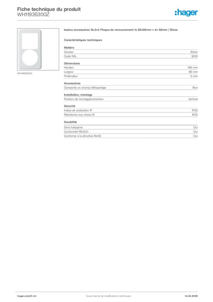 Image Hager Fiche technique du produit WH11935300Z | Hager Suisse
