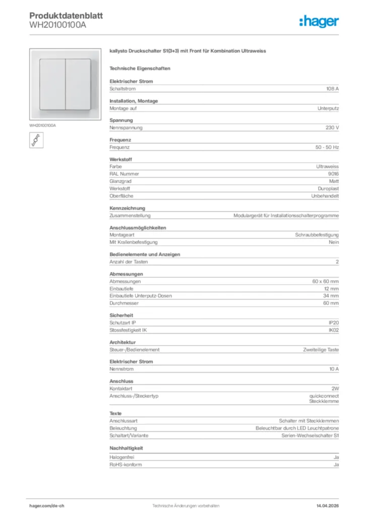 Bild Hager Produktdatenblatt WH20100100A | Hager Schweiz