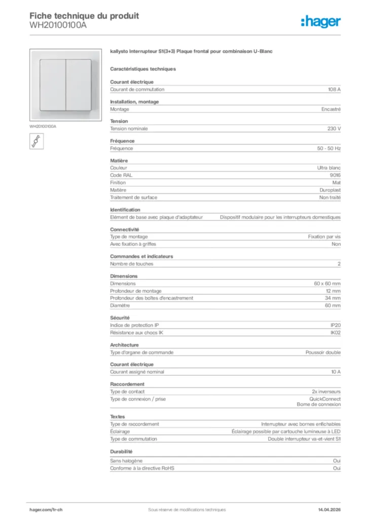 Image Hager Fiche technique du produit WH20100100A | Hager Suisse