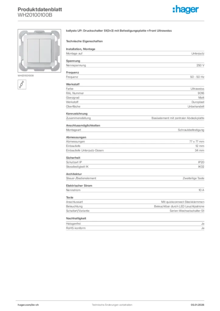 Bild Hager Produktdatenblatt WH20100100B | Hager Schweiz