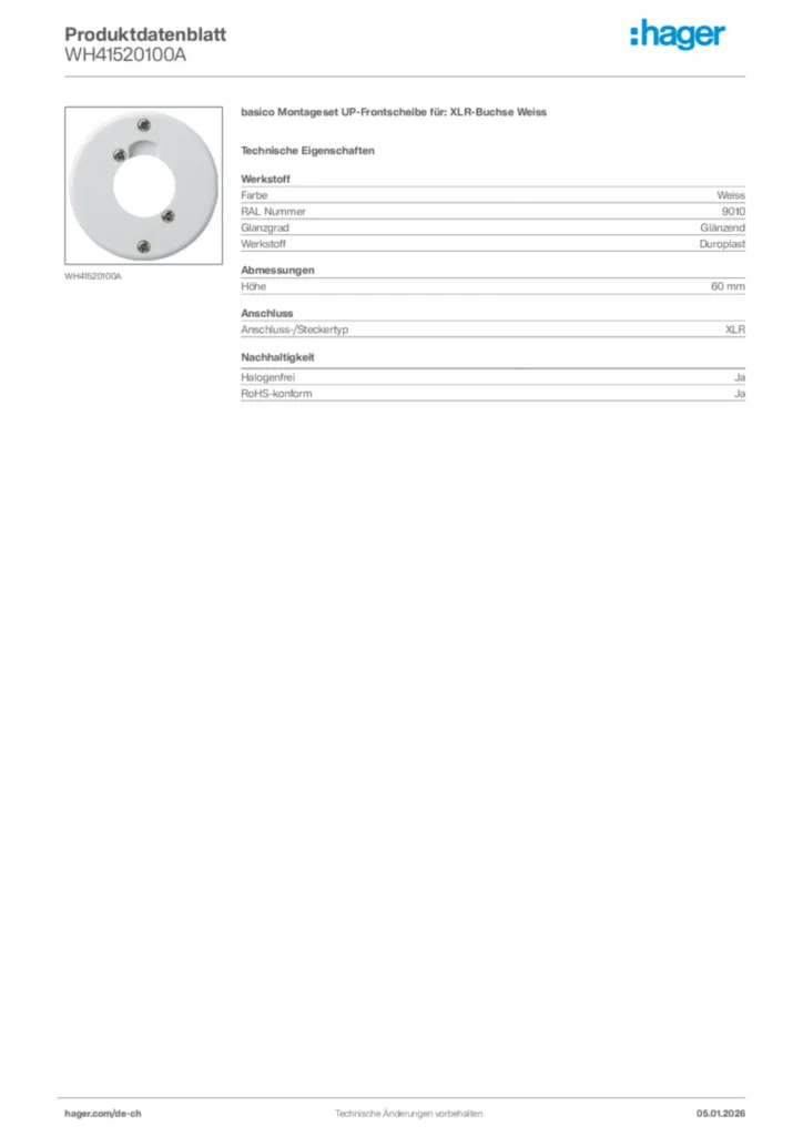 Bild Hager Produktdatenblatt WH41520100A | Hager Schweiz