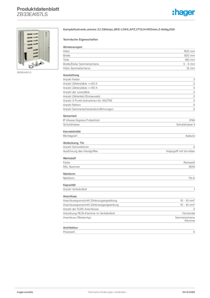 Bild Hager Produktdatenblatt ZB33EA157LS | Hager Deutschland