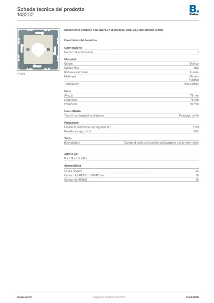 Immagine Berker Scheda tecnica del prodotto 143202 | Hager Italia