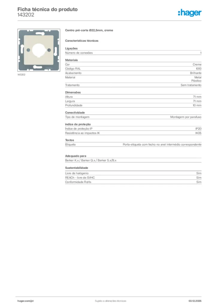 Imagem Hager Ficha técnica do produto 143202 | Hager Portugal
