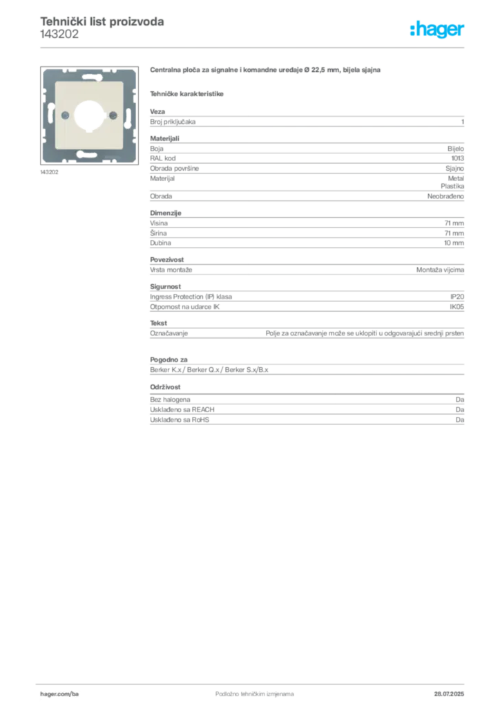 Slika Hager Product data sheet 143202  | Hager