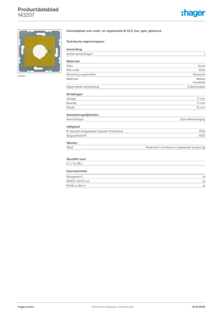 Afbeelding Hager Productdatablad 143207 | Hager Nederland