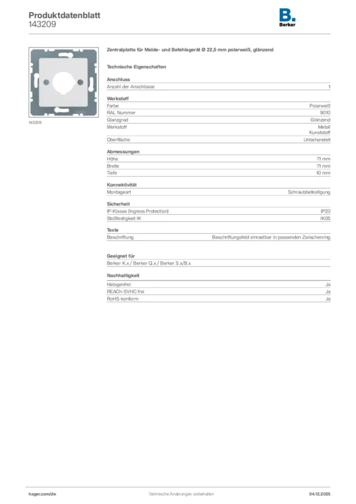 Berker Produktdatenblatt 143209
