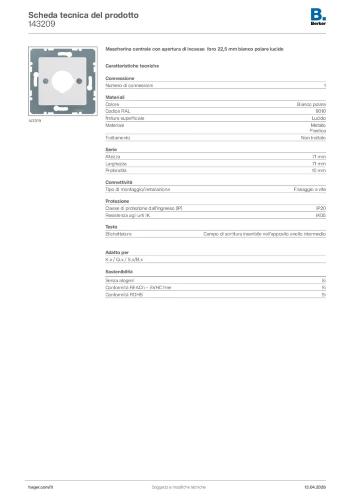 Immagine Berker Scheda tecnica del prodotto 143209 | Hager Italia