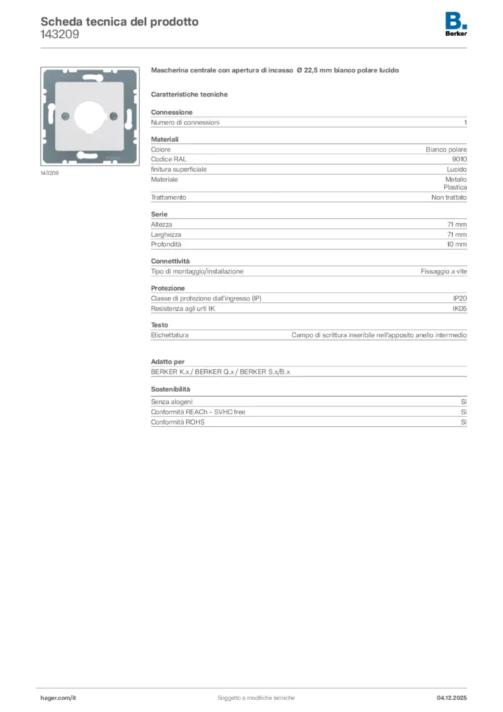 Immagine Berker Scheda tecnica del prodotto 143209 | Hager Italia