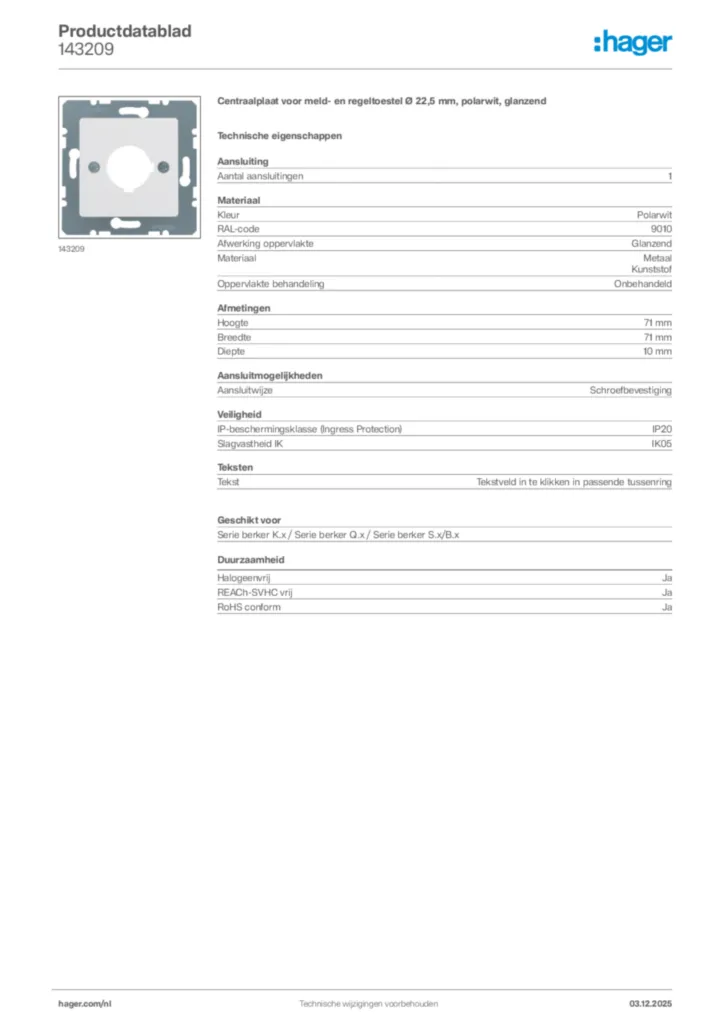 Afbeelding Hager Productdatablad 143209 | Hager Nederland